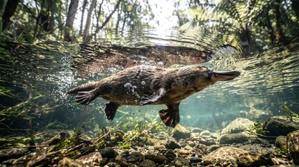 Hip-level shot of platypus swimming in clear Australian creek with duck-like bill and sleek brown fur, underwater wildlife photography with dappled sunlight

