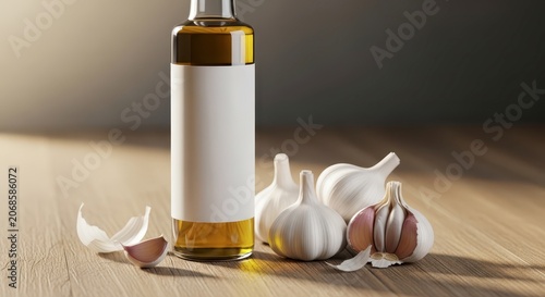 Garlic cloves and oil bottle.