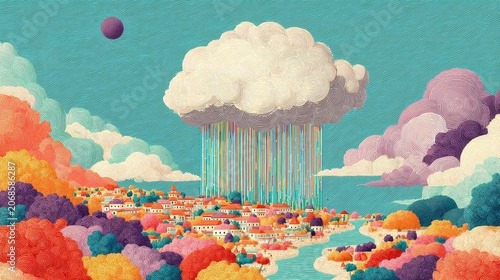 Dramatic Dark Cloud with Heavy Rain Falling, Stormy Weather Concept Illustration