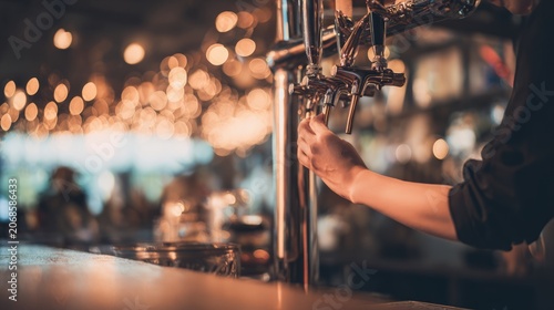 upper. Professional bartender in pub environment, upper body shot with beer tap background. bar promotions, beverage menus, designed for food & beverage menus and cafe branding.
