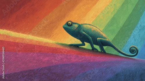 Green Frog Walking on Rainbow Colored Background, Whimsical Nature Wildlife Illustration