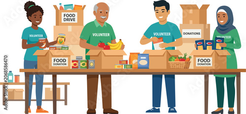 Diverse volunteers sorting grocery items for charity food drive, community donation project with cardboard boxes