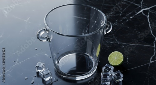 Glass mug with ice cubes and lemon.