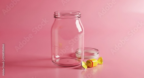 Empty glass jar and yellow pills.