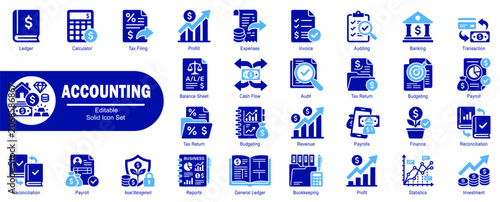 Comprehensive blue Accounting flat icons set. Showing business, financial reports, and professional money management tools vector in Illustrator.