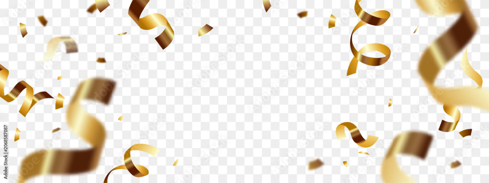 Fototapeta premium Realistic falling shiny gold confetti and ribbons on transparent background. Celebration, party, festival template. 3D vector isolated illustration