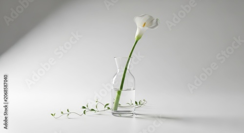 Single white calla lily in glass vase.