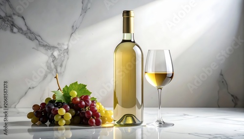 Bottle of white wine and grapes.