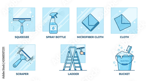 Window Cleaning Tools and Supplies - Squeegee, Spray Bottle, Cloth, Bucket, Ladder, Scraper