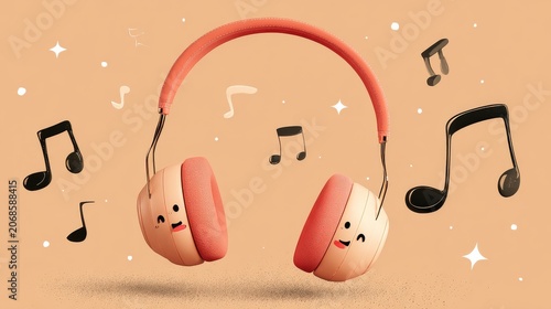 Cute Orange Headphones with Music Notes on Beige Background, Playful Audio Equipment Illustration