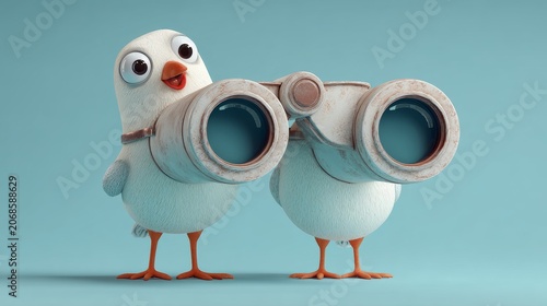 Two White Birds Holding Binoculars Looking Around, Curious Animal Character Illustration
