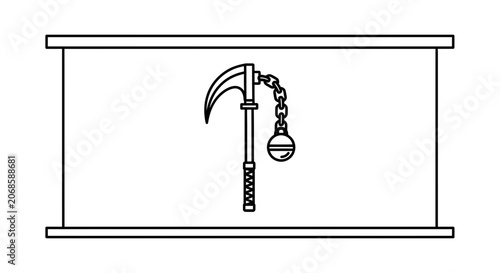 Medieval weapon, scythe flail, black and white illustration, historical weapon icon