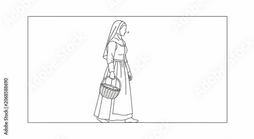 Medieval Woman Walking With Basket, Historical Costume, Line Art Illustration