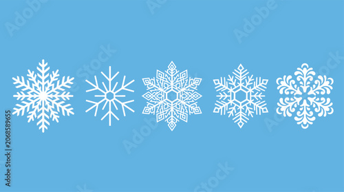 A collection of five unique white snowflake with intricate geometric patterns on a solid light blue background