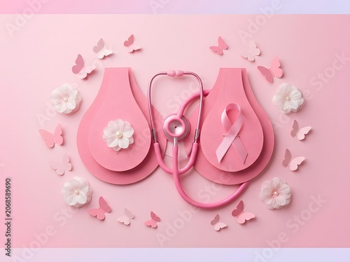 Breast cancer awareness month pink ribbon stethoscope and flowers symbolizing hope and health