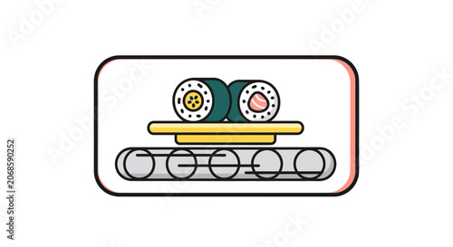 Sushi conveyor belt with two rolls, modern food industry concept