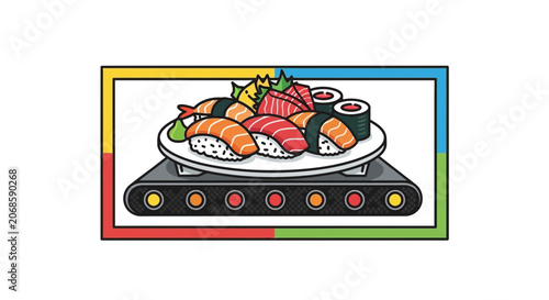 Sushi conveyor belt, Japanese food, fresh seafood, delicious meal, colorful frame