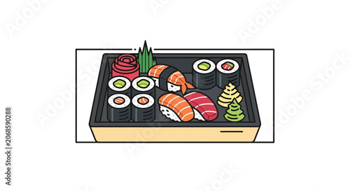 Sushi Platter Illustration: Assorted Rolls and Nigiri in Bento Box