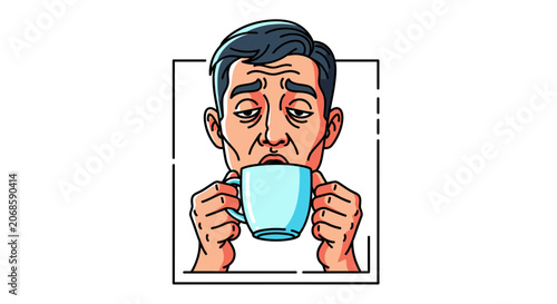 Tired Man Drinking Coffee, Morning Fatigue, Exhausted Person with Sleepy Eyes