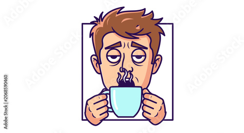 Tired Man Drinking Hot Coffee, Morning Fatigue, Sleepy Face, Need Energy