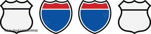 Four american highway shield road signs with two blank white versions and two red and blue color versions
