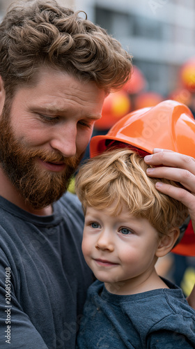 Man placing safety helmet on child at community event