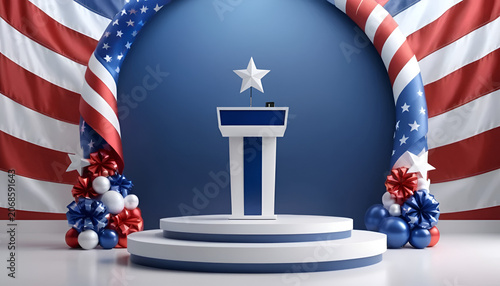 Lectern stands proudly on a circular platform decorated with american flags and colorful party balloons.