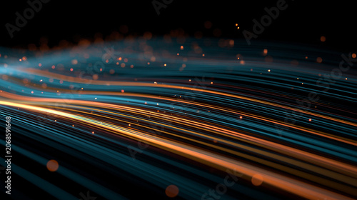 Light trails flowing across dark abstract digital landscape