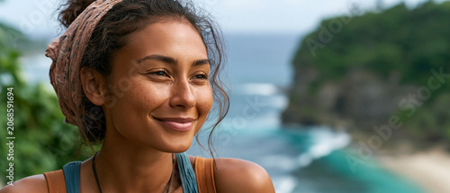 Smiling woman enjoying coastal view with headscarf and sea