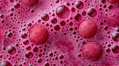 Raspberry foam bubbles with fruit pieces on surface