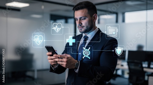 A businessman using a smartphone with medical and health technology icons floating around him in a modern office setting.