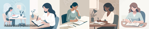 Tableau sur toile Women Working at Desks in Modern Minimalist Office Settings
