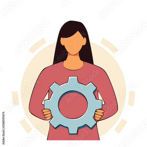 Woman holding large gear illustration