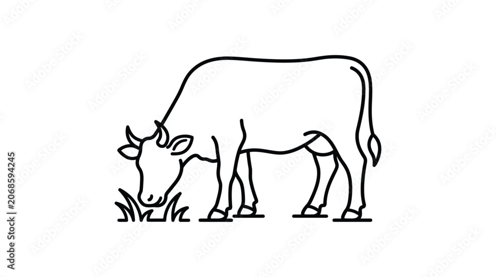 Fototapeta premium Cow grazing in a field single line drawing silhouette