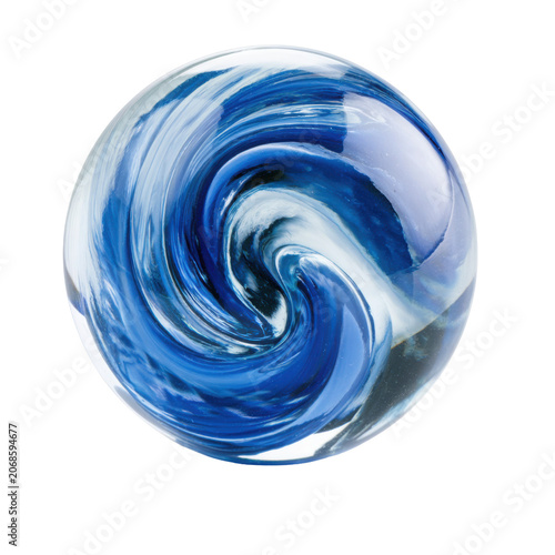 Blue swirled glass marble isolated on a transparent background with glossy reflections and decorative craftsmanship.
