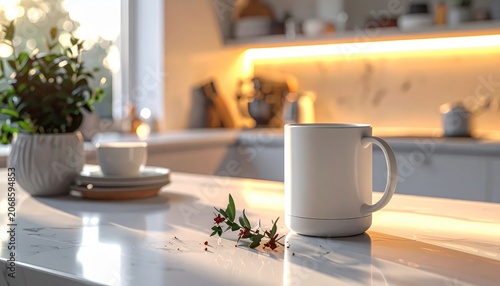 White mug on kitchen counter top.