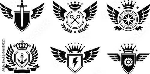 Fotografie Royal winged shield and crown heraldry crest icons