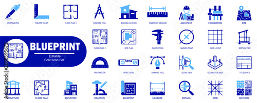 Architectural and construction icon set. Featuring blue line art illustrations for blueprint planning and engineering vectors.