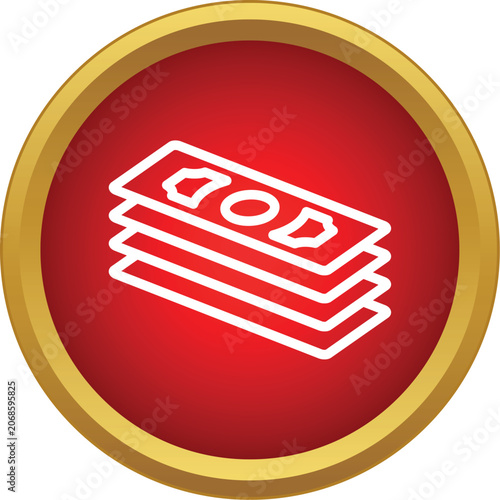 Tableau sur toile Stack of white outline paper money bills icon on a red background with a gold bo