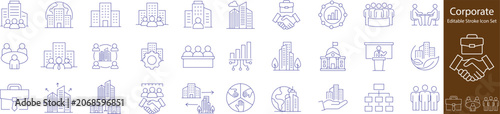 Corporate Business Icons Set Editable Stroke Line Vector Collection for Company, Office, Teamwork and Management Symbols