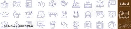 School Education Icons Set Editable Stroke Line Vector Collection for Learning, Teaching, Classroom and Academic Symbols