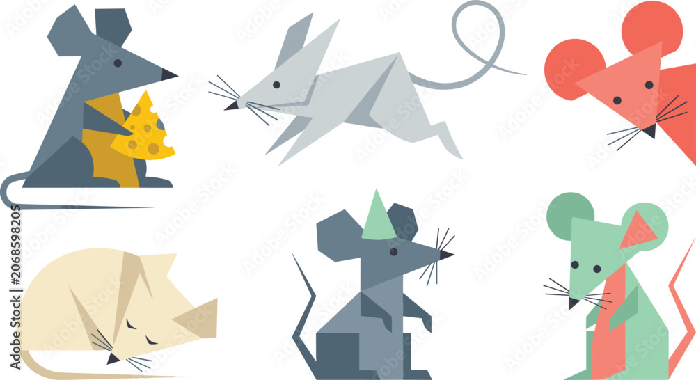 Fototapeta premium Geometric Mouse Character Illustration Collection with Origami Style Rodents, Abstract Animal Shapes, Modern Polygon Design, and Cute Pet Elements
