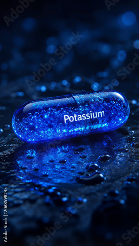 Bright blue capsule with the label Potassium resting on a dark wet surface surrounded by water droplets
