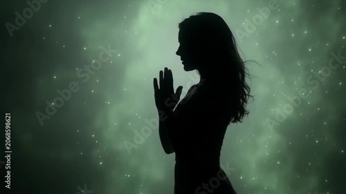 Silhouette of a woman praying with glowing particles against green fog
