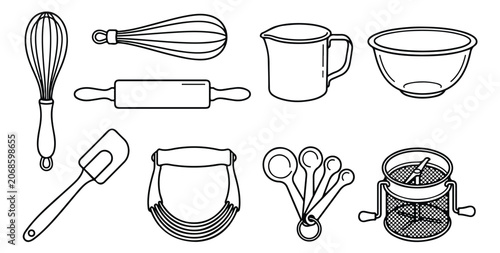 Bild auf Leinwand Essential baking tools vector set, kitchen utensils collection, cooking equipmen