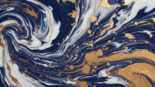 A mesmerizing abstract image showcases swirling patterns of deep blue and white, accented by shimmering gold flecks, creating a luxurious and dynamic visual effect.