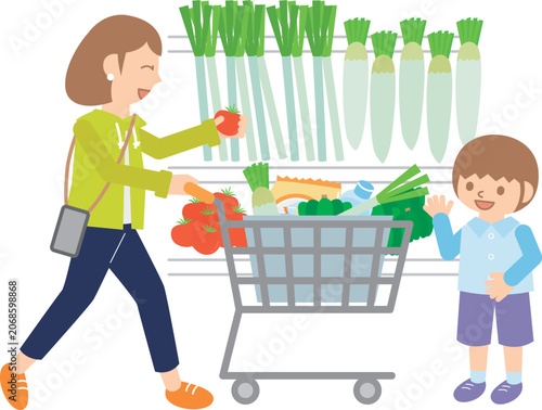 Billede på lærred スーパーで買い物をする母と男の子・野菜売り場とショッピングカート