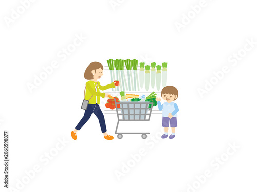 Foto スーパーで買い物をする母と男の子・野菜売り場とショッピングカート