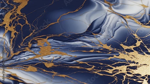 This abstract image showcases a swirling pattern of deep blues and whites interwoven with striking gold veins, resembling a luxurious marble or agate texture.