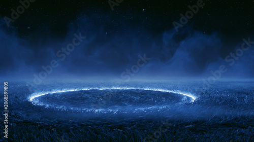 Glowing Circular Portal in Dark Blue Misty Landscape